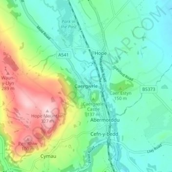 Mappa topografica Caergwrle, altitudine, rilievo