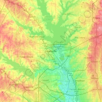 Mappa topografica Lewisville, altitudine, rilievo