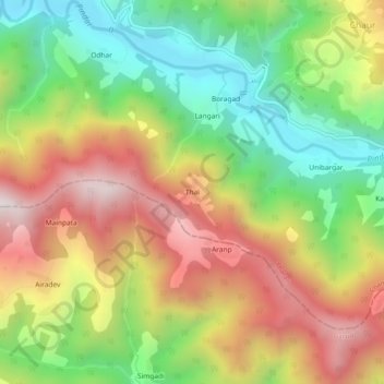 Mappa topografica Thai, altitudine, rilievo