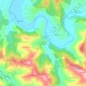 Mappa topografica Le Viala-du-Dourdou, altitudine, rilievo