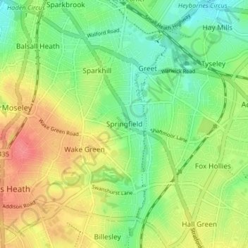 Mappa topografica Springfield, altitudine, rilievo