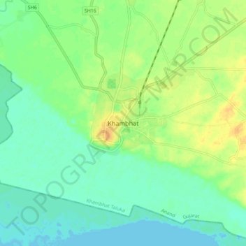 Mappa topografica Khambhat, altitudine, rilievo