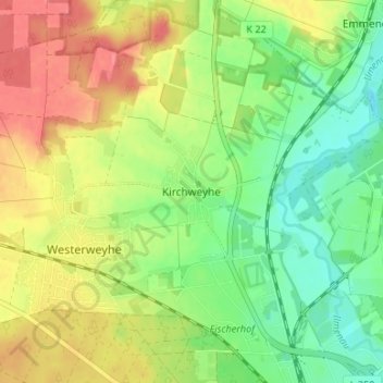 Mappa topografica Kirchweyhe, altitudine, rilievo