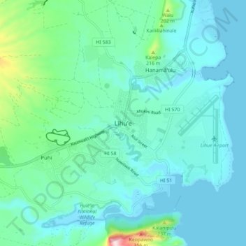 Mappa topografica Lihue, altitudine, rilievo