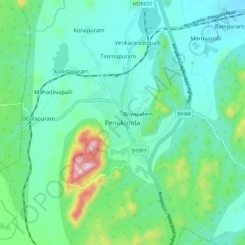 Mappa topografica Penukonda, altitudine, rilievo