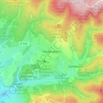 Mappa topografica Heidersbach, altitudine, rilievo