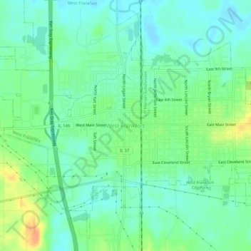 Mappa topografica West Frankfort, altitudine, rilievo