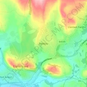 Mappa topografica Beddau, altitudine, rilievo