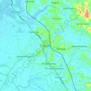 Mappa topografica Thiruvalla, altitudine, rilievo