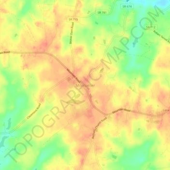 Mappa topografica Montpelier, altitudine, rilievo