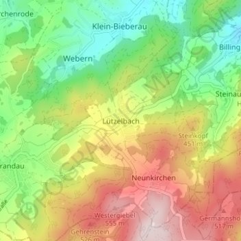 Mappa topografica Lützelbach, altitudine, rilievo