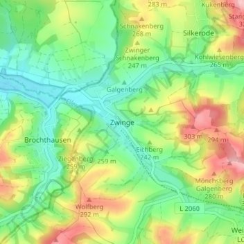 Mappa topografica Zwinge, altitudine, rilievo