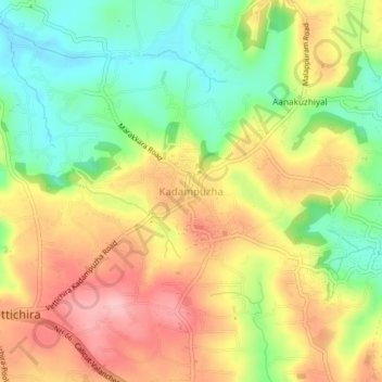 Mappa topografica Kadampuzha, altitudine, rilievo