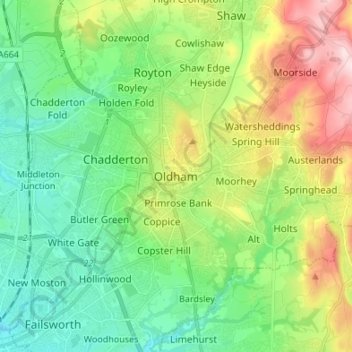 Mappa topografica Oldham, altitudine, rilievo
