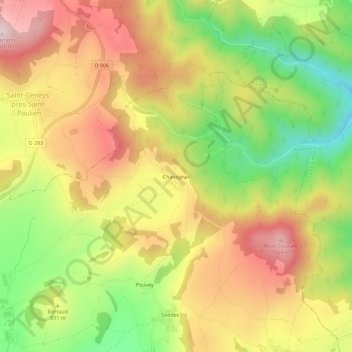 Mappa topografica Chavagnac, altitudine, rilievo
