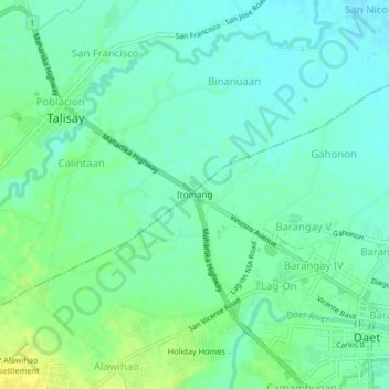 Mappa topografica Itomang, altitudine, rilievo