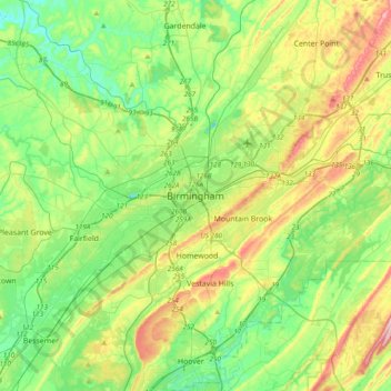 Mappa topografica Birmingham, altitudine, rilievo