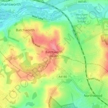 Mappa topografica Batchworth Heath, altitudine, rilievo