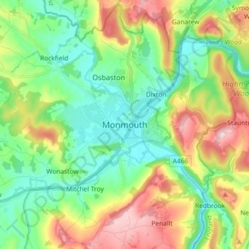 Mappa topografica Monmouth, altitudine, rilievo