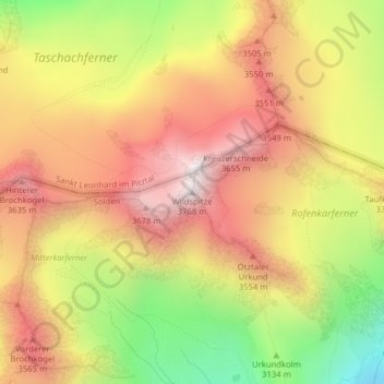 Mappa topografica Wildspitze, altitudine, rilievo