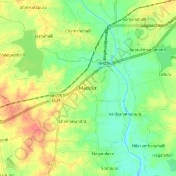 Mappa topografica Maddur, altitudine, rilievo