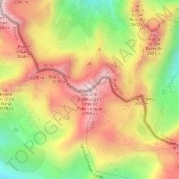 Mappa topografica Cime de Colle Longue, altitudine, rilievo