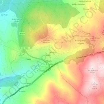 Mappa topografica Cebreiro, altitudine, rilievo