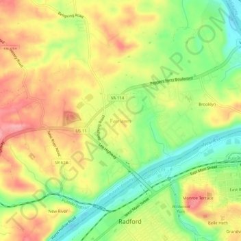 Mappa topografica Fairlawn, altitudine, rilievo