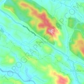 Mappa topografica Piravanthur, altitudine, rilievo