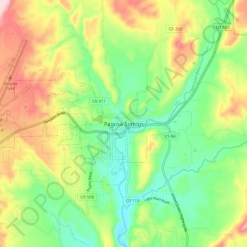 Mappa topografica Pagosa Springs, altitudine, rilievo