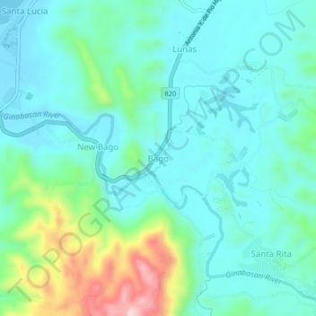 Mappa topografica Bago, altitudine, rilievo