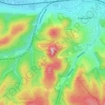 Mappa topografica Wartburg, altitudine, rilievo