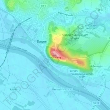 Mappa topografica Bogenberg, altitudine, rilievo