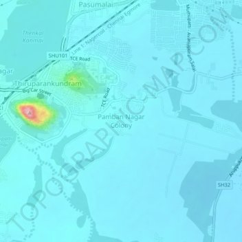 Mappa topografica Pamban Nagar Colony, altitudine, rilievo