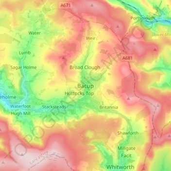 Mappa topografica Bacup, altitudine, rilievo