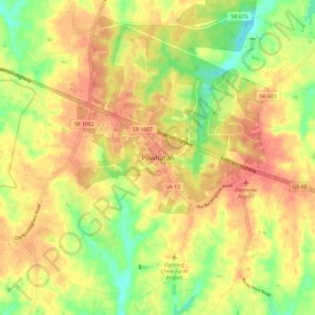 Mappa topografica Powhatan, altitudine, rilievo