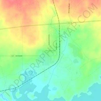 Mappa topografica Westwood, altitudine, rilievo