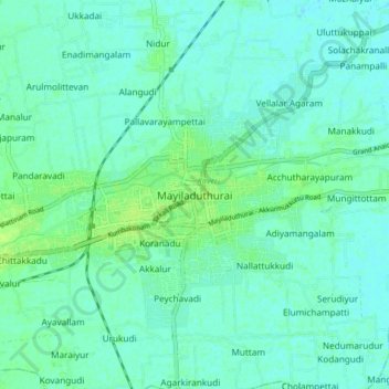 Mappa topografica Mayiladuthurai, altitudine, rilievo