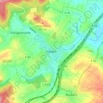 Mappa topografica Flieden, altitudine, rilievo