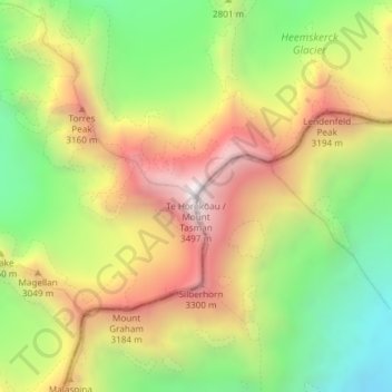 Mappa topografica Mount Tasman, altitudine, rilievo