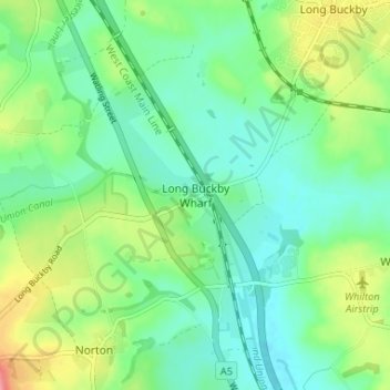 Mappa topografica Long Buckby Wharf, altitudine, rilievo