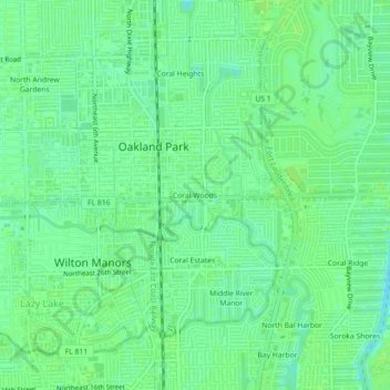 Mappa topografica Coral Woods, altitudine, rilievo