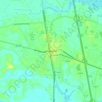 Mappa topografica Kingsland, altitudine, rilievo