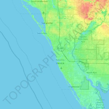 Mappa topografica Casey Key, altitudine, rilievo