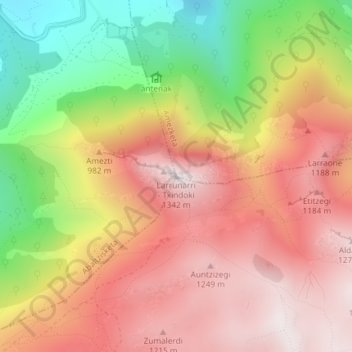 Mappa topografica Larrunarri - Txindoki, altitudine, rilievo