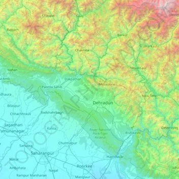 Mappa topografica Dehra Dūn, altitudine, rilievo