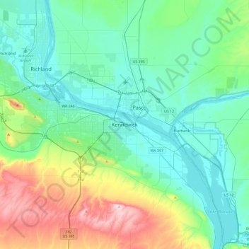 Mappa topografica Kennewick, altitudine, rilievo
