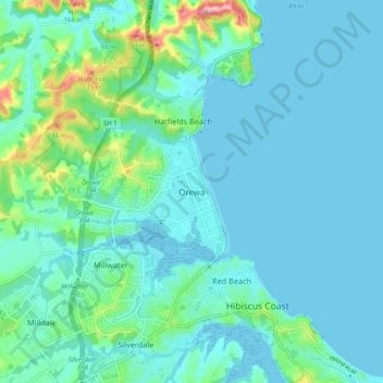 Mappa topografica Orewa, altitudine, rilievo