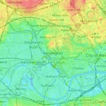 Mappa topografica Kensington, altitudine, rilievo