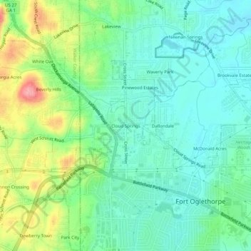 Mappa topografica Cloud Springs, altitudine, rilievo